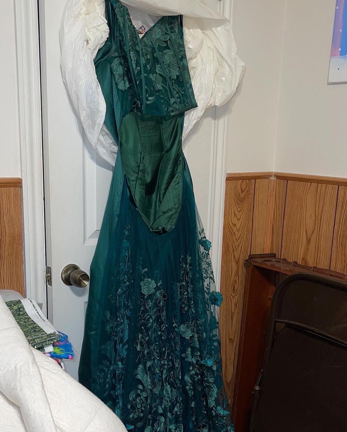 Plus Size 18 Prom Floral Emerald Green A-line Dress on Queenly