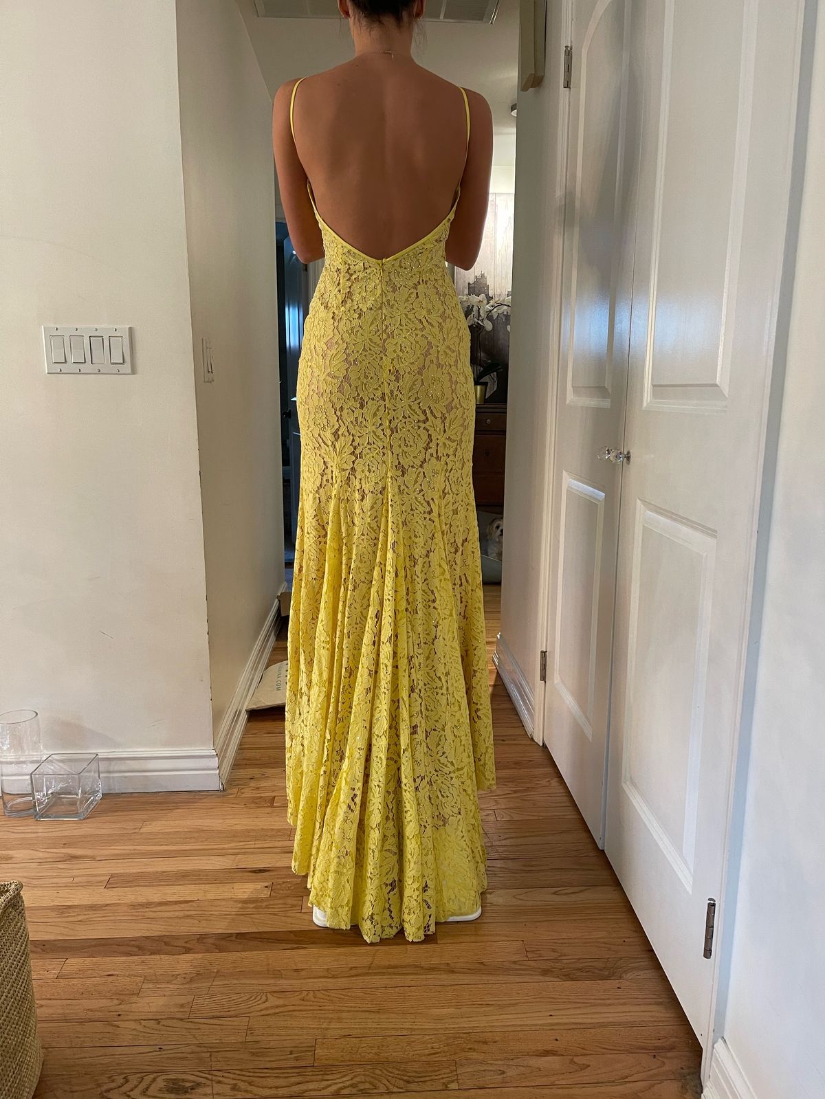 Jovani Size 2 Bridesmaid Plunge Lace Yellow Side Slit Dress on Queenly