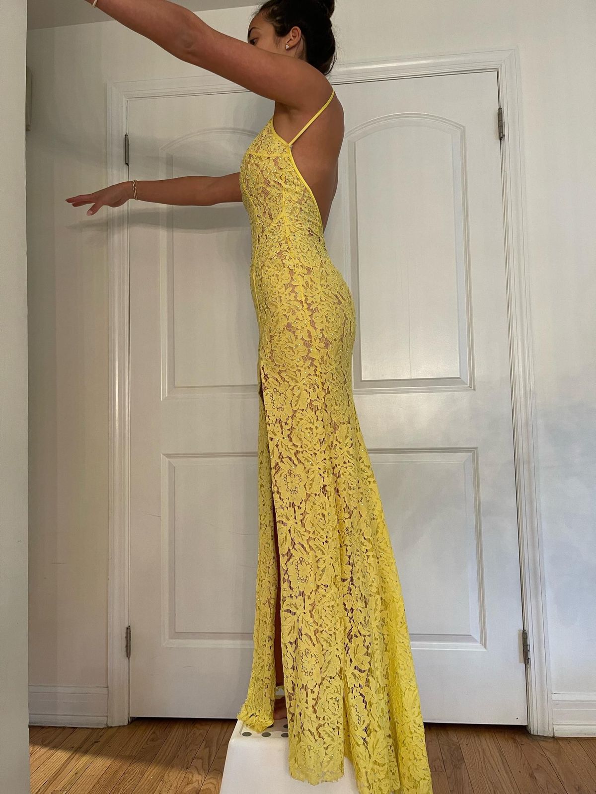 Jovani Size 2 Bridesmaid Plunge Lace Yellow Side Slit Dress on Queenly