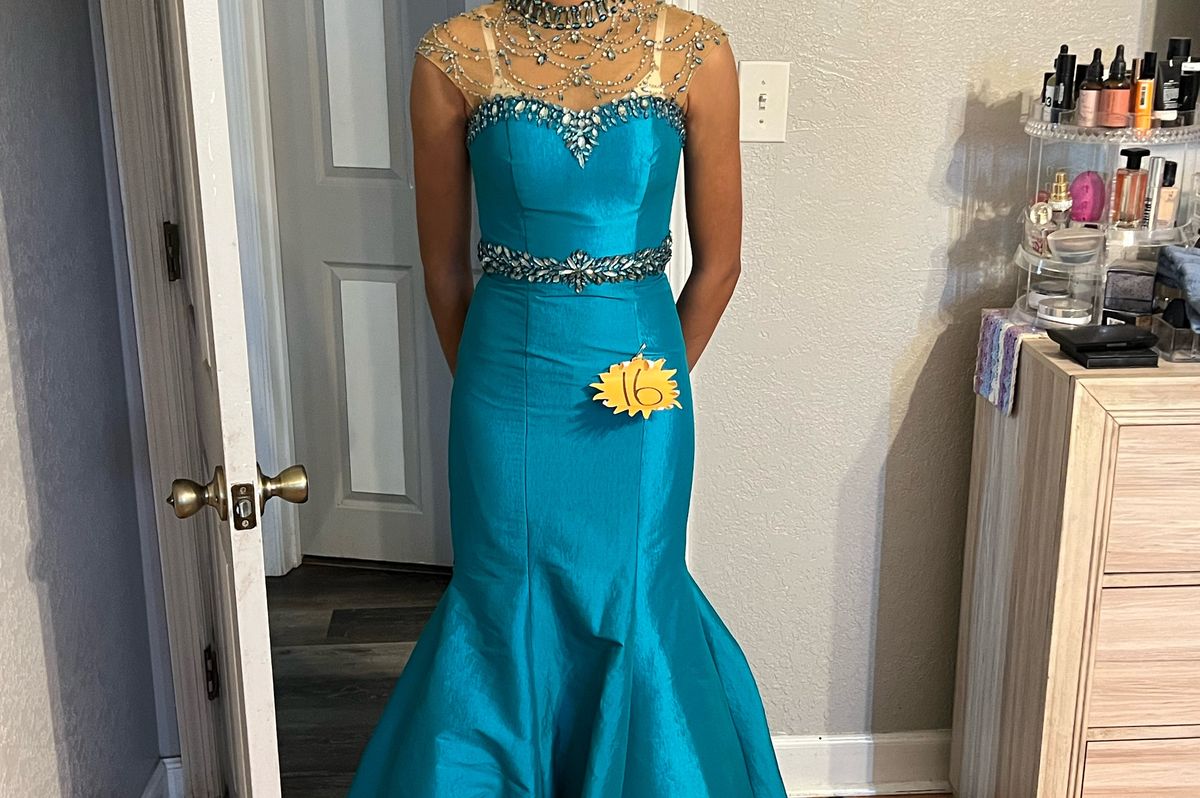 Ritzee Size 00 Prom High Neck Sequined Turquoise Blue Mermaid Dress on Queenly
