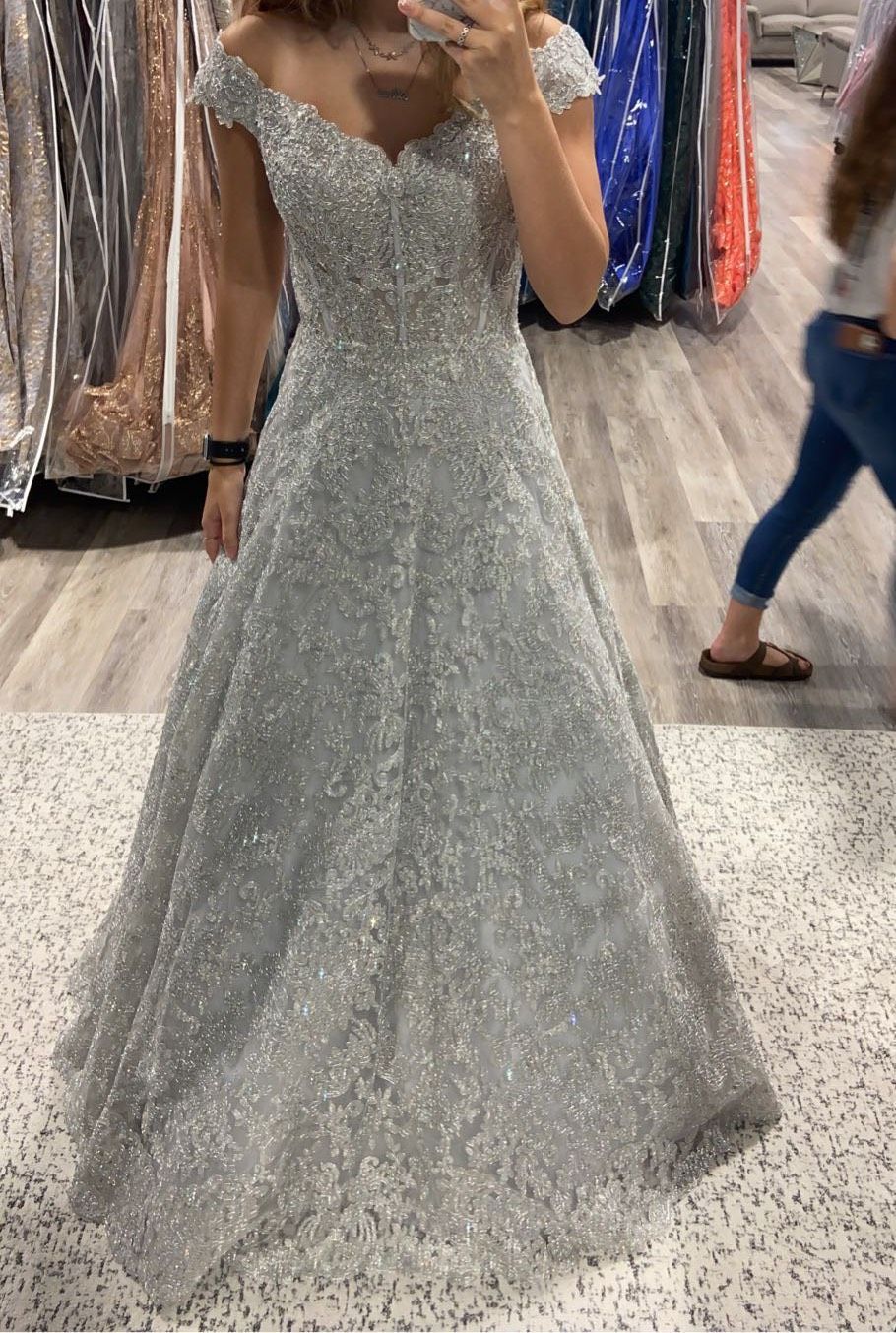 Size 2 Prom Off The Shoulder Lace Silver Ball Gown on Queenly