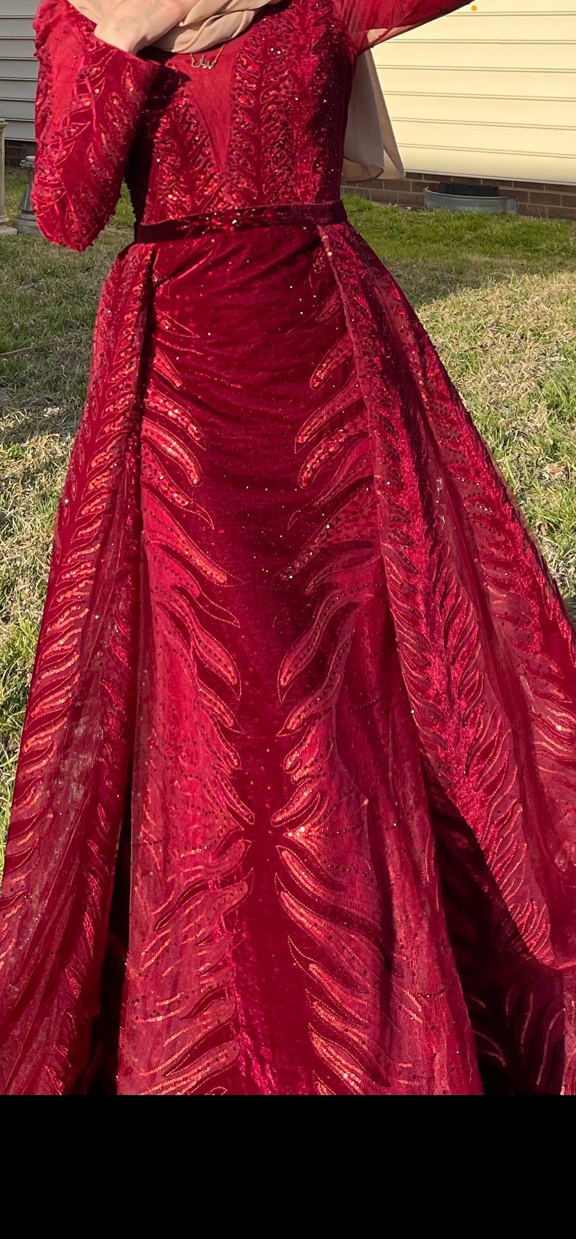 Size 2 Prom Long Sleeve Sheer Burgundy Red Mermaid Dress on Queenly