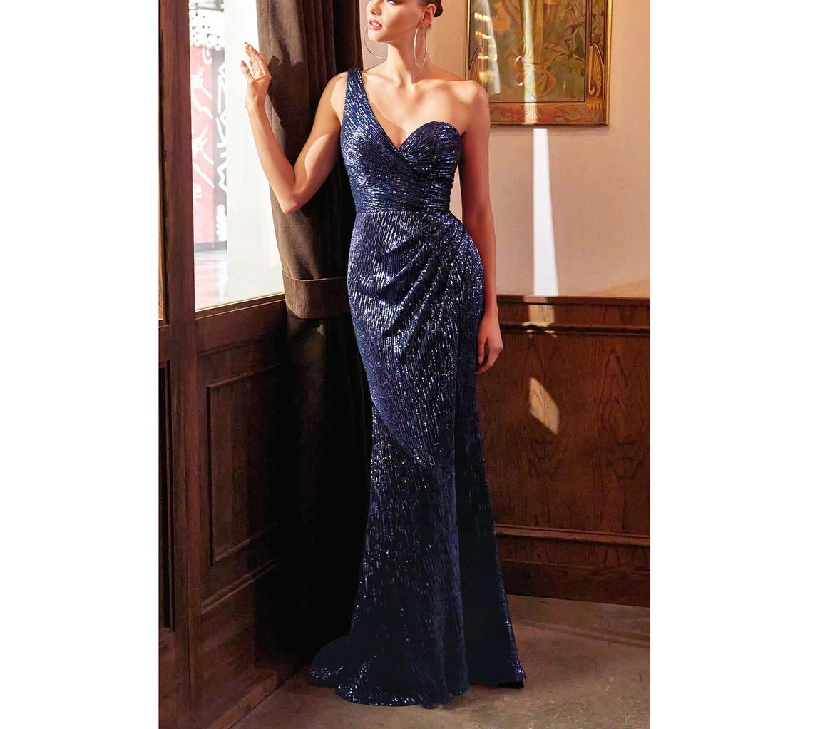Style Navy Blue Sequined One Shoulder Formal Gown Cinderella Divine  Size 12 Blue Mermaid Dress on Queenly