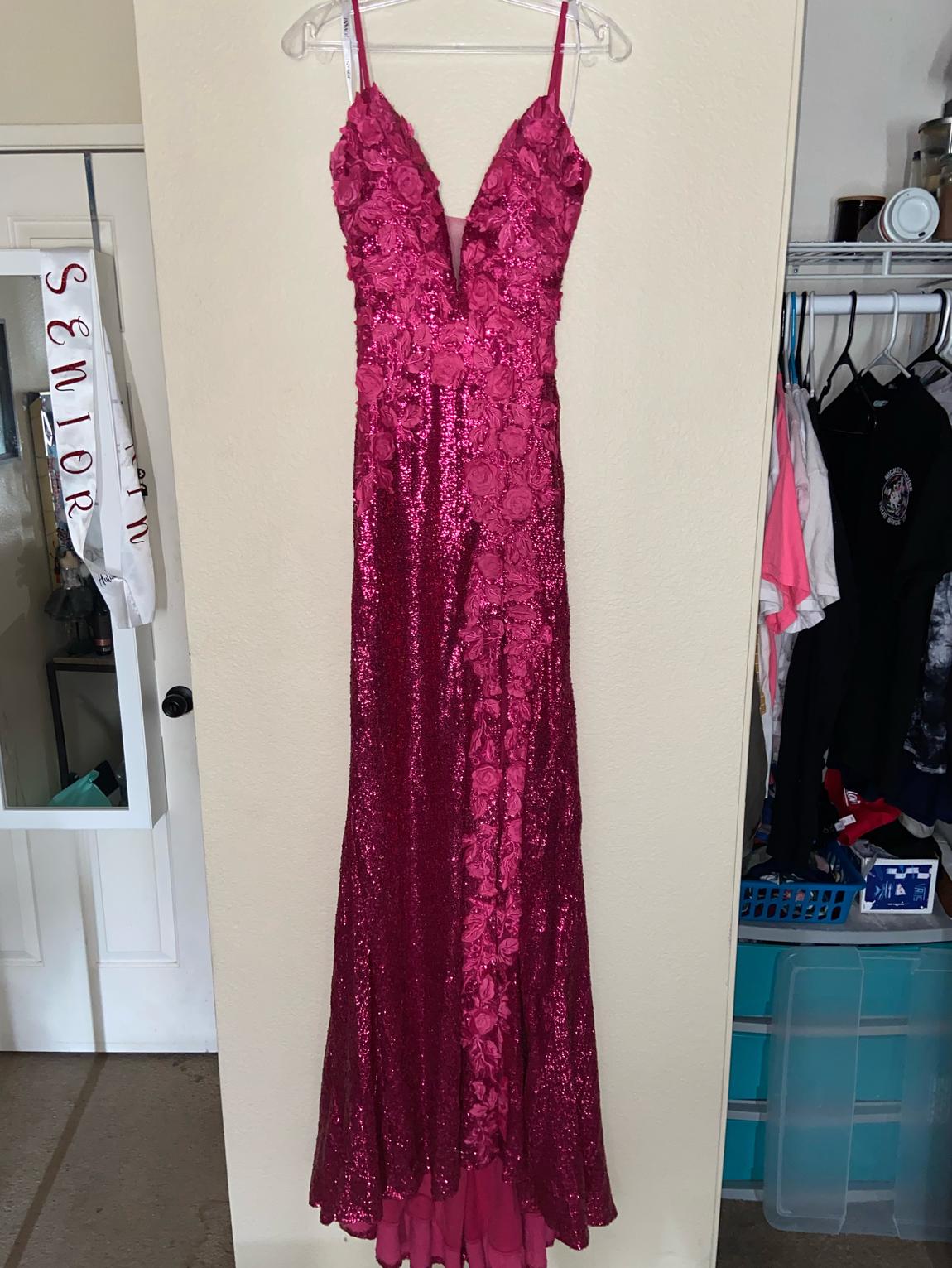 Jovani Size 2 Bridesmaid Plunge Floral Hot Pink Cocktail Dress on Queenly