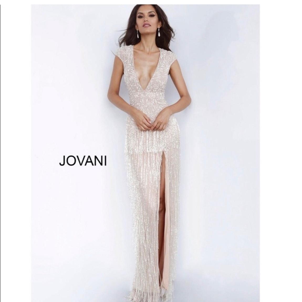 Jovani Size 4 Wedding Plunge Sequined Nude Side Slit Dress on Queenly