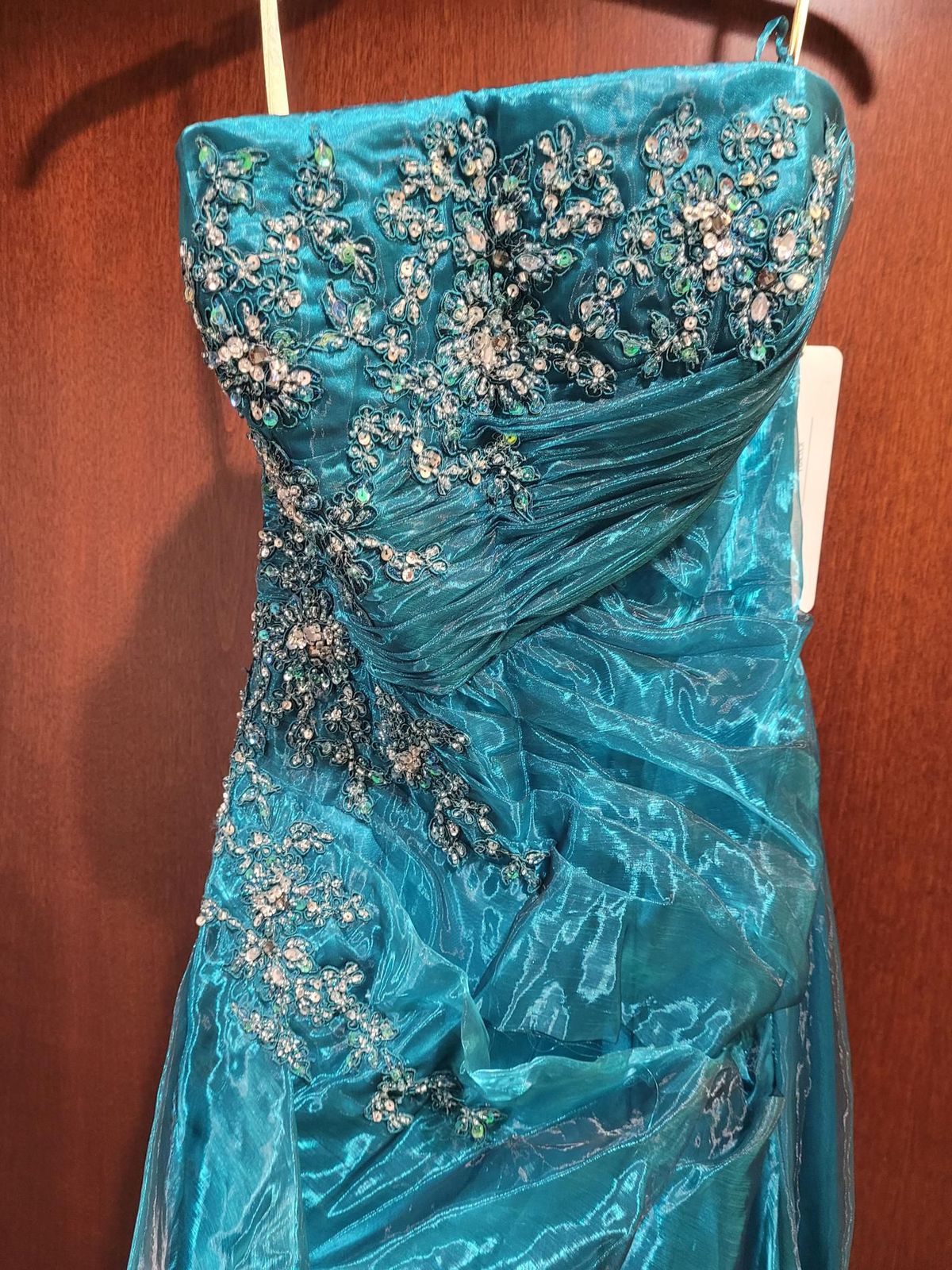 Style 9026 Joli Prom Size 10 Prom Strapless Sequined Turquoise Blue A-line Dress on Queenly