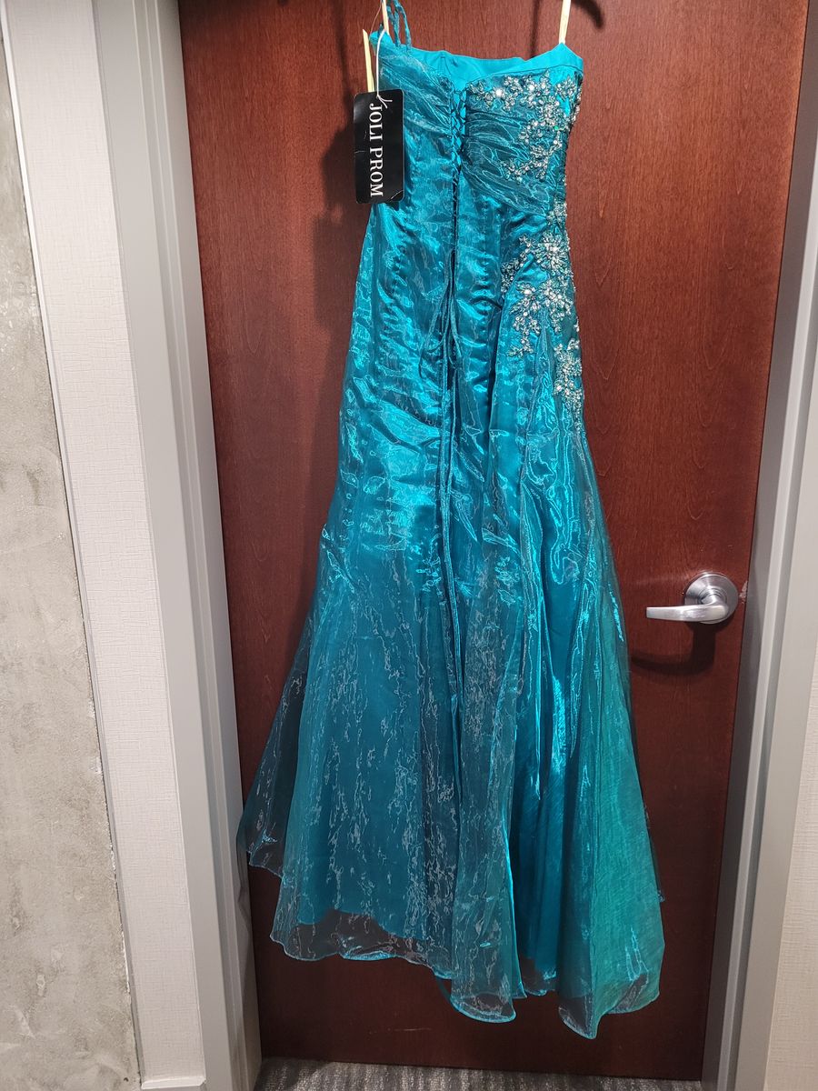 Style 9026 Joli Prom Size 10 Prom Strapless Sequined Turquoise Blue A-line Dress on Queenly