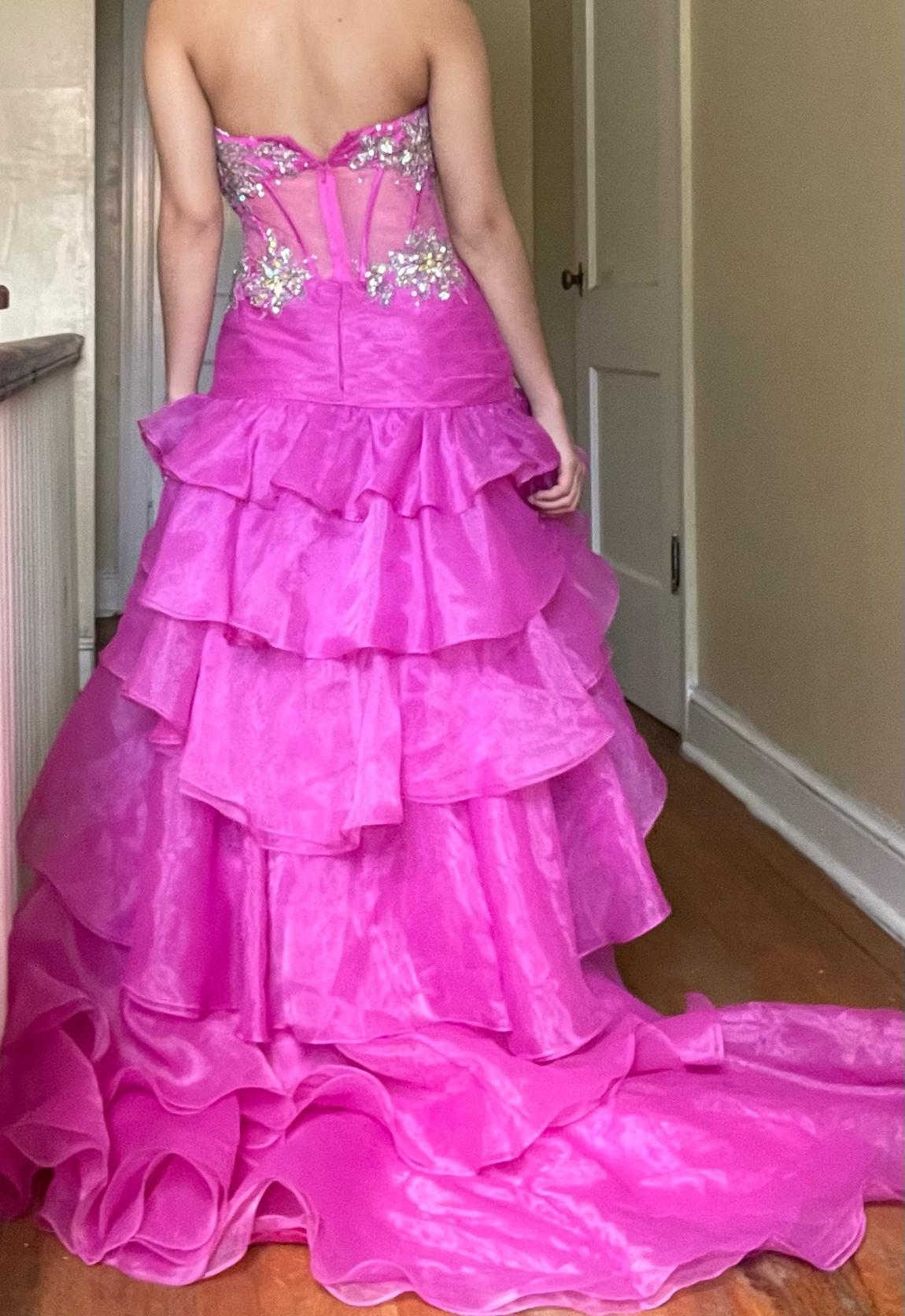 Size 0 Prom Strapless Sequined Hot Pink Dress With Train on Queenly