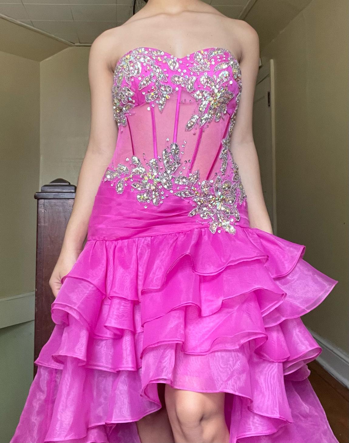 Size 0 Prom Strapless Sequined Hot Pink Dress With Train on Queenly