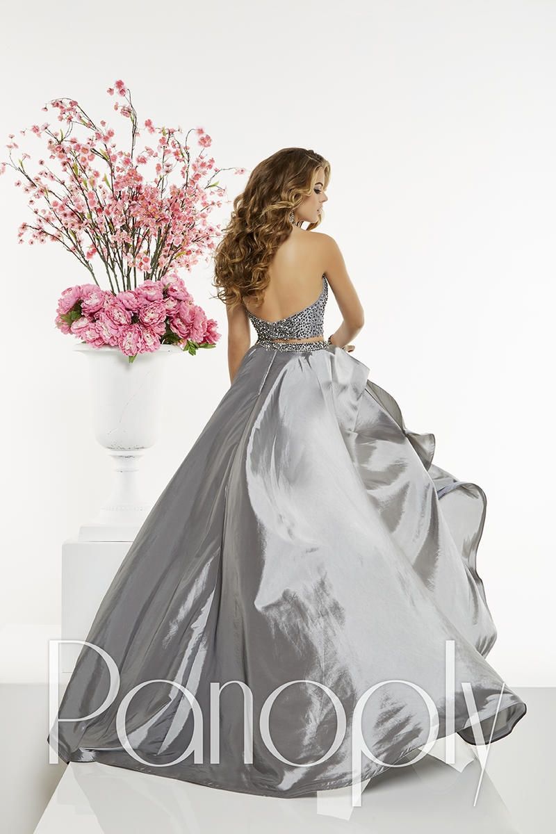 Style 14863 Panoply Size 10 Prom Halter Sequined Silver Ball Gown on Queenly
