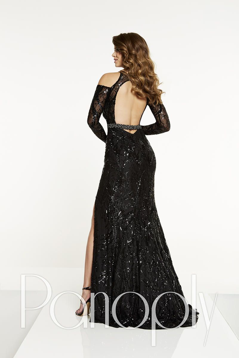 Style 14868 Panoply Size 0 Prom Long Sleeve Sequined Black Side Slit Dress on Queenly