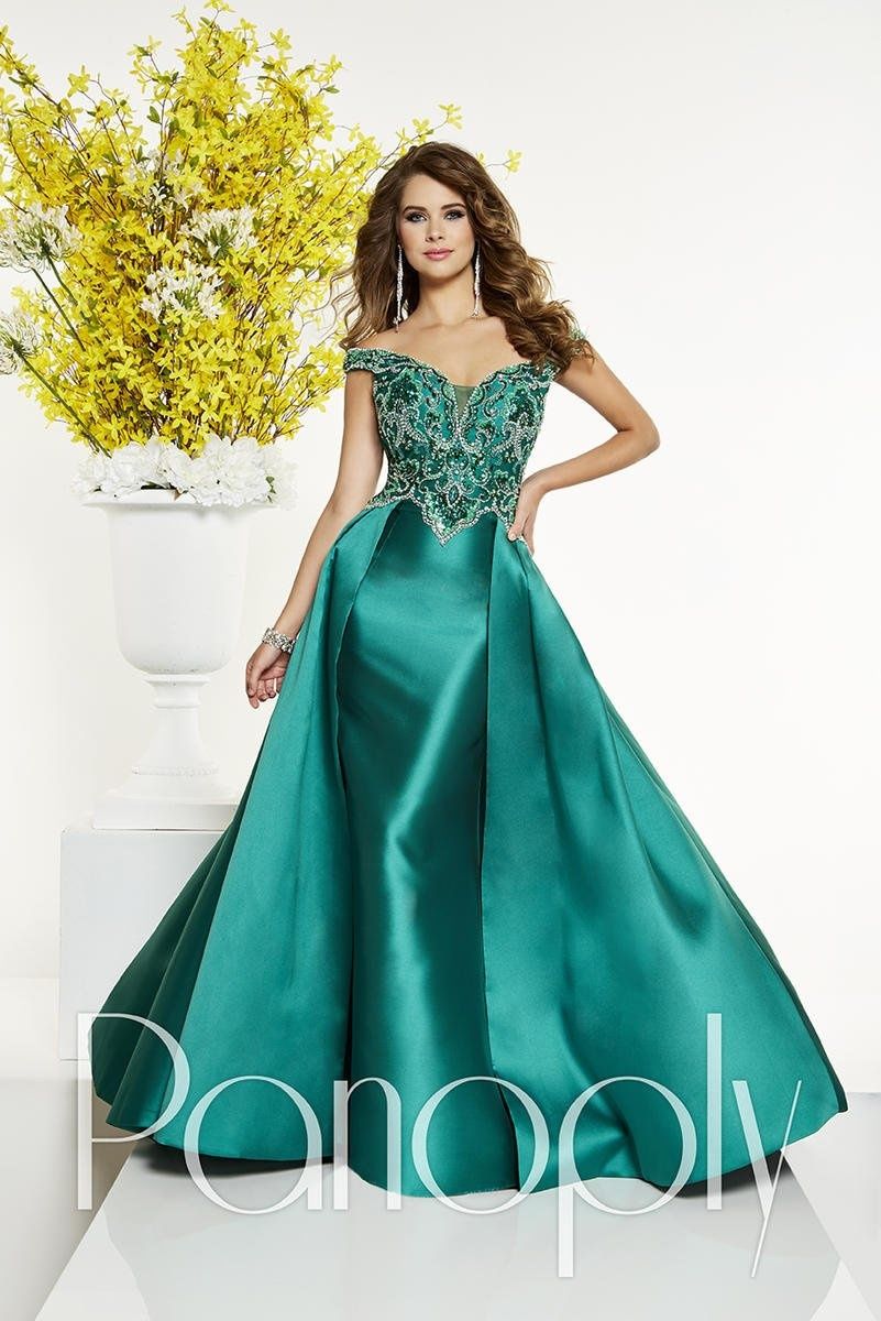 Style 14865 Panoply Size 8 Prom Off The Shoulder Sequined Emerald Green Ball Gown on Queenly