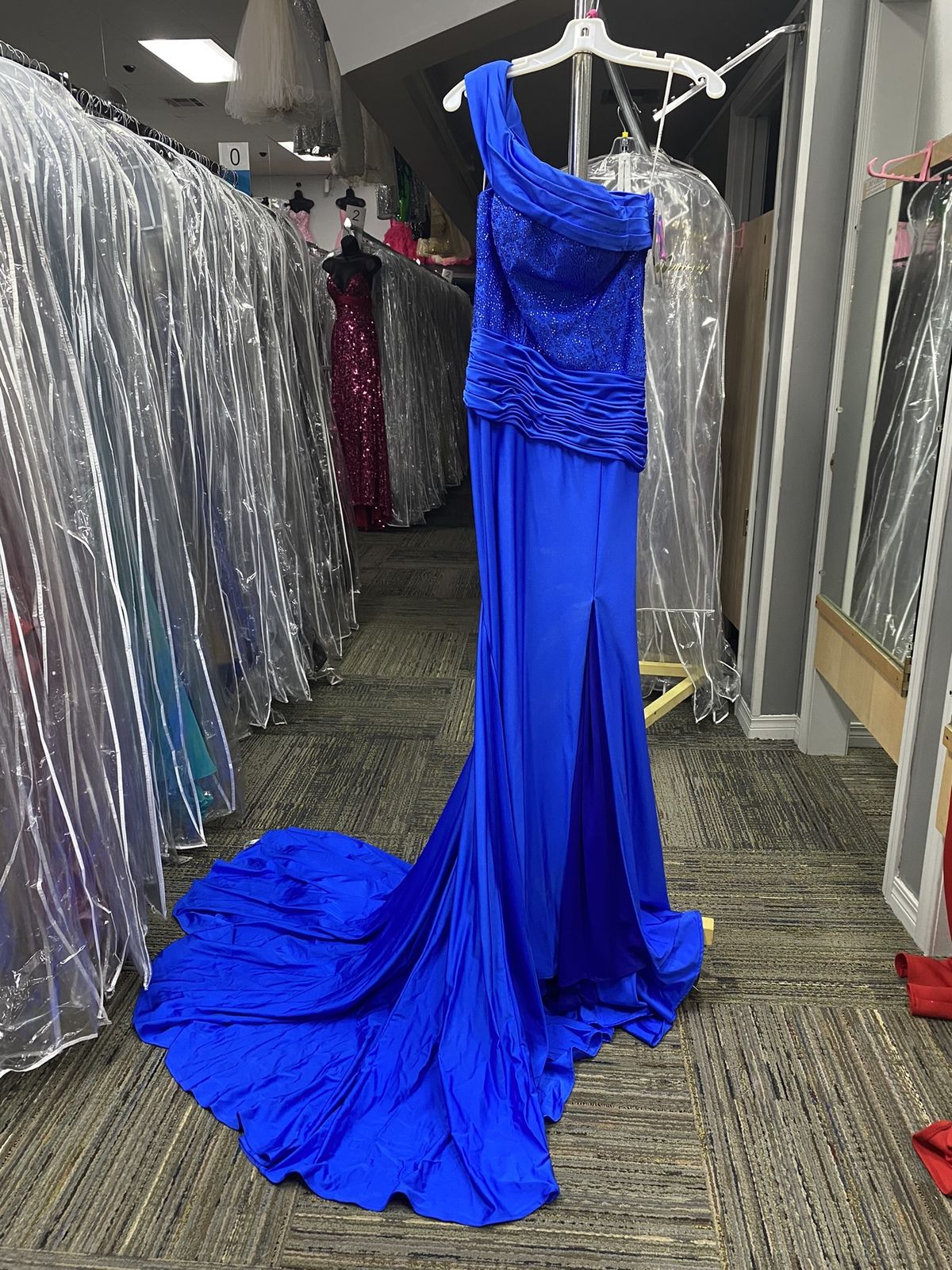 Style 14062 Panoply Size 2 High Neck Sequined Royal Blue Side Slit Dress on Queenly