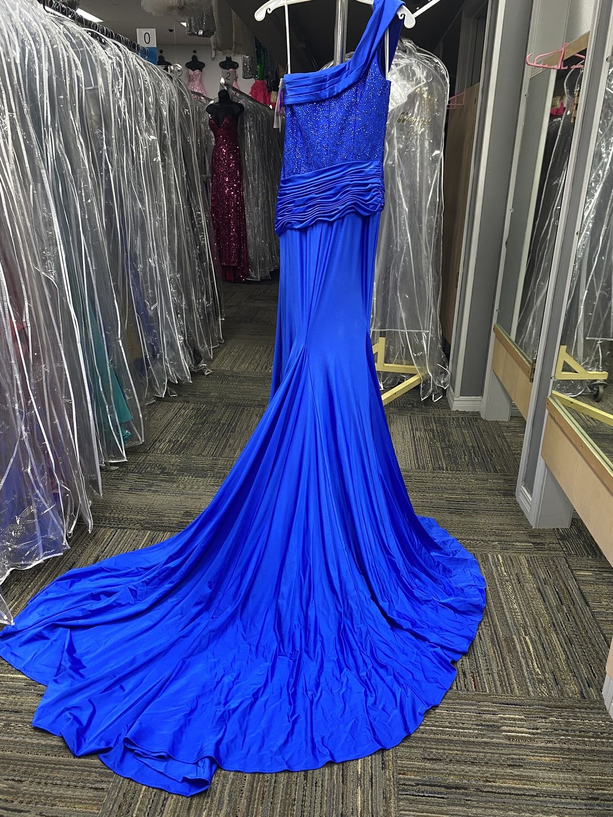 Style 14062 Panoply Size 2 High Neck Sequined Royal Blue Side Slit Dress on Queenly