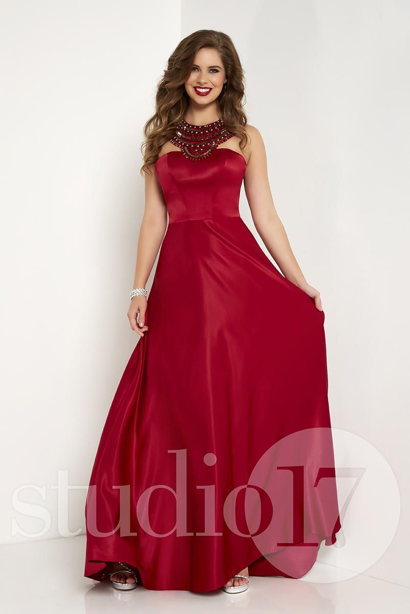 Style 12693 Studio 17 Size 6 High Neck Satin Red A-line Dress on Queenly
