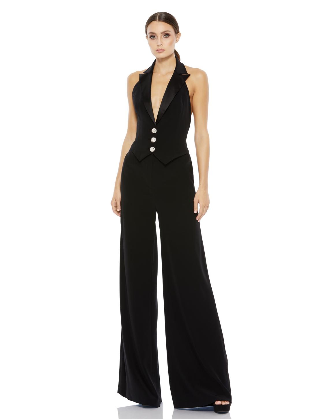 Style 2643 Mac Duggal Size 4 Pageant Interview Plunge Sequined Black Formal Jumpsuit on Queenly