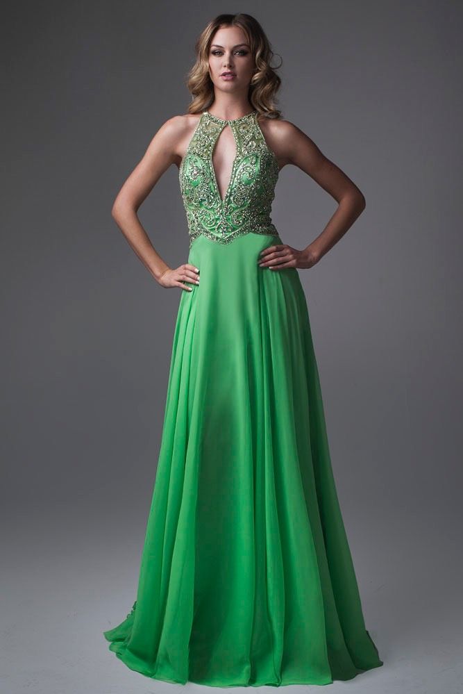 Style 15102 Brit Cameron Size 2 Plunge Green A-line Dress on Queenly