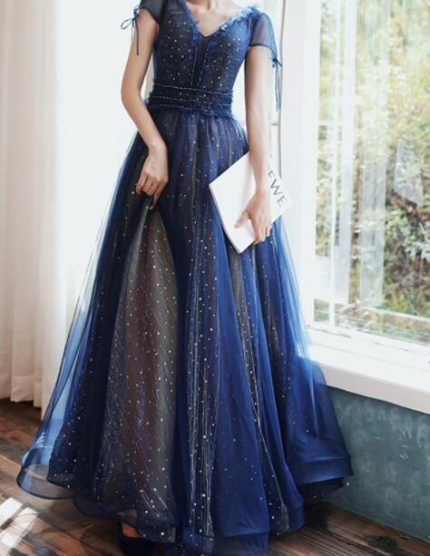 Size 8 Prom Sequined Navy Blue Ball Gown on Queenly