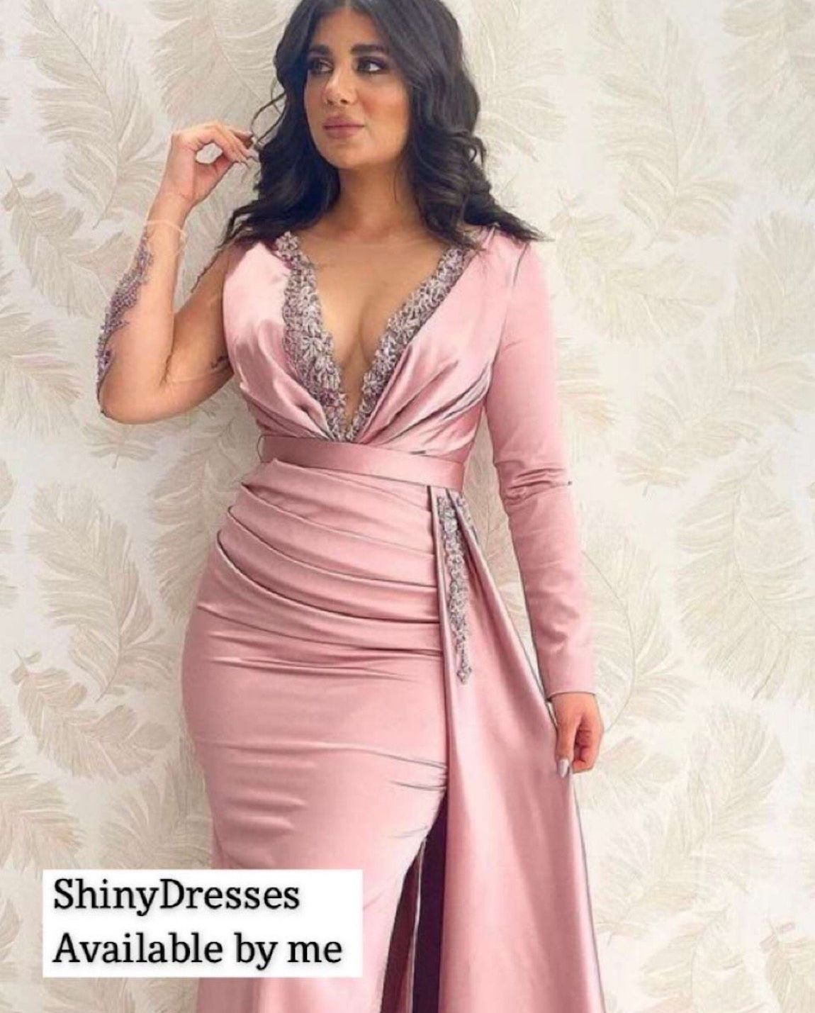 Style -1 Size 8 Prom Long Sleeve Sequined Light Pink Side Slit Dress on Queenly