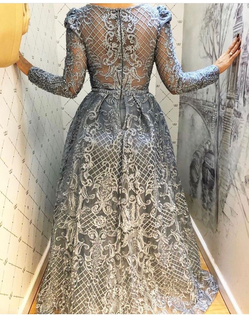 Style -1 Size 12 Prom Long Sleeve Sequined Gray Floor Length Maxi on Queenly