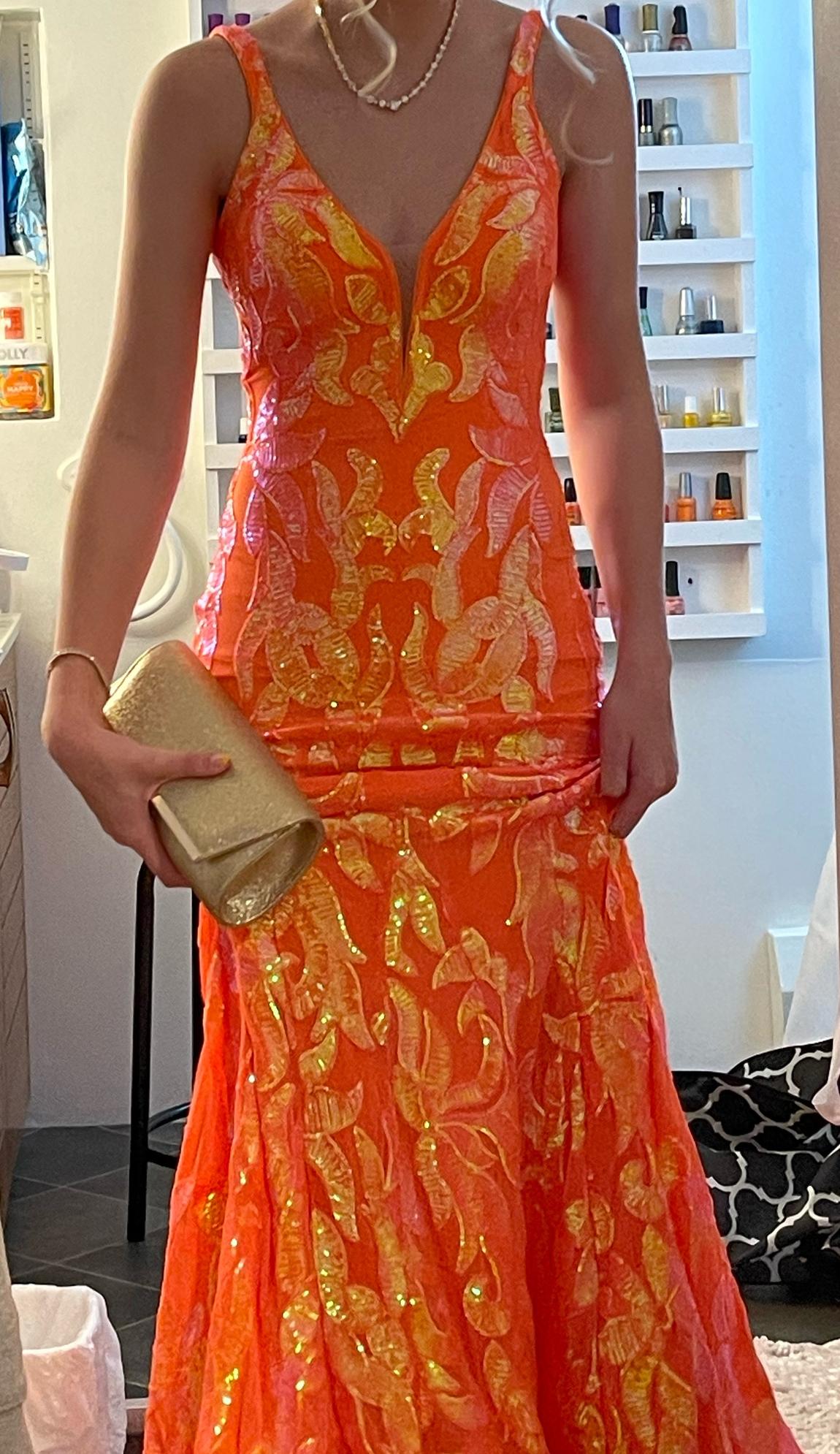Jovani Size 2 Prom Sequined Orange Mermaid Dress on Queenly