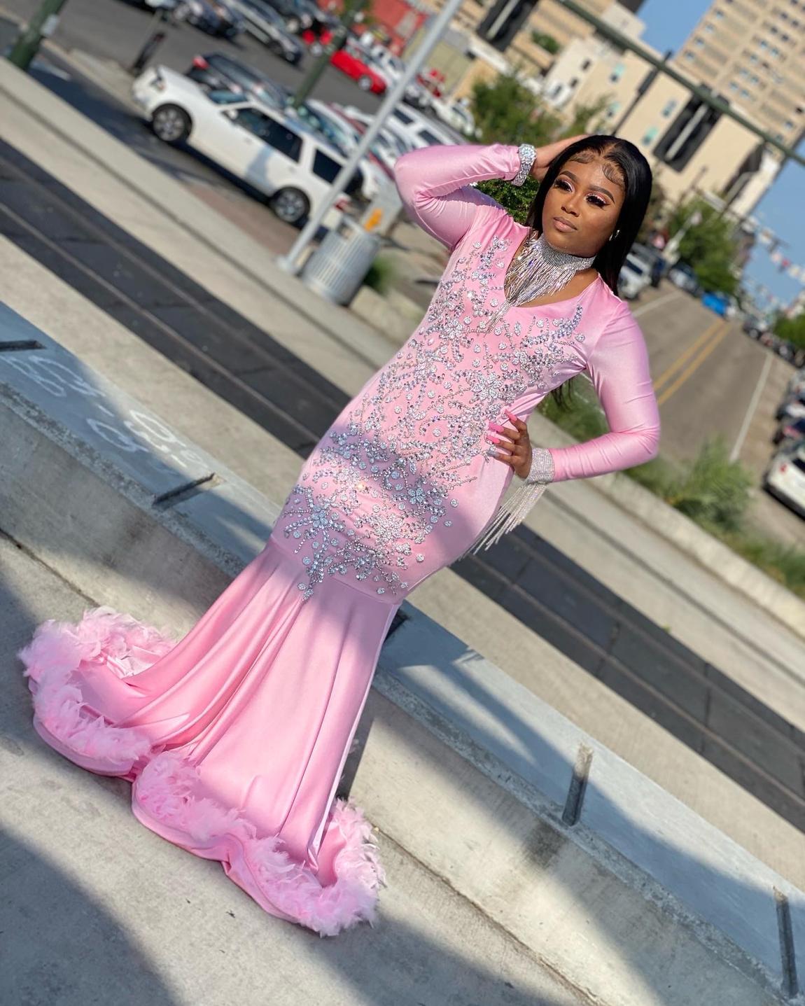 Custom Plus Size 16 Prom Long Sleeve Sequined Pink Mermaid Dress on Queenly