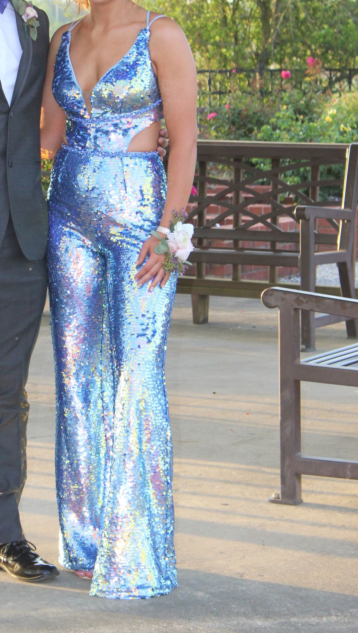 Size 4 Prom Sequined Blue Formal Jumpsuit on Queenly