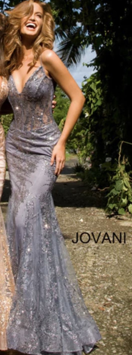 Jovani Size 2 Prom Plunge Sequined Silver Mermaid Dress on Queenly