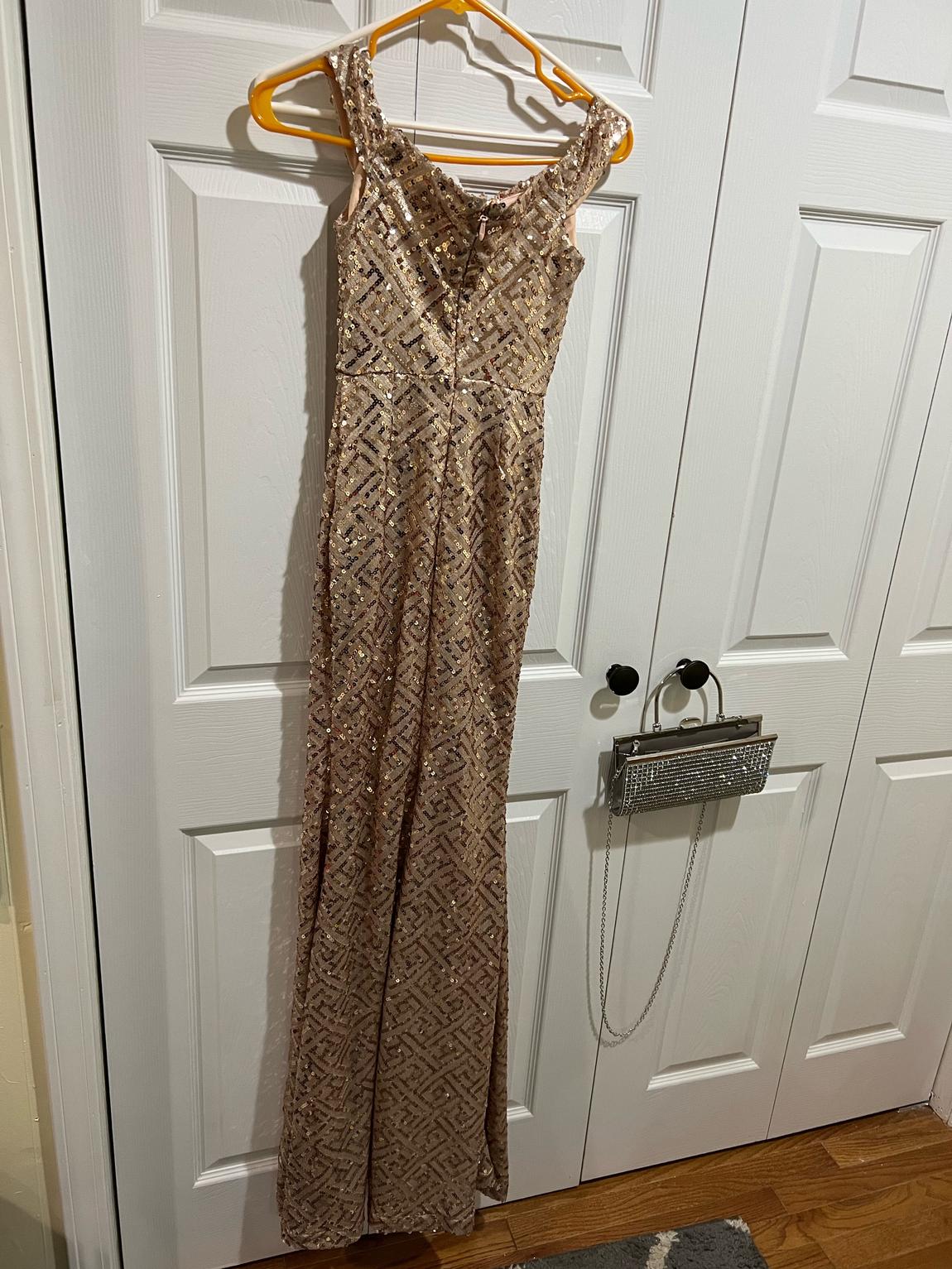 Size 0 Off The Shoulder Sequined Rose Gold Side Slit Dress on Queenly