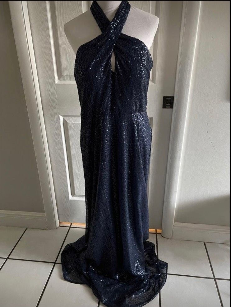 MoriLee Plus Size 18 Prom Halter Sequined Navy Blue Floor Length Maxi on Queenly