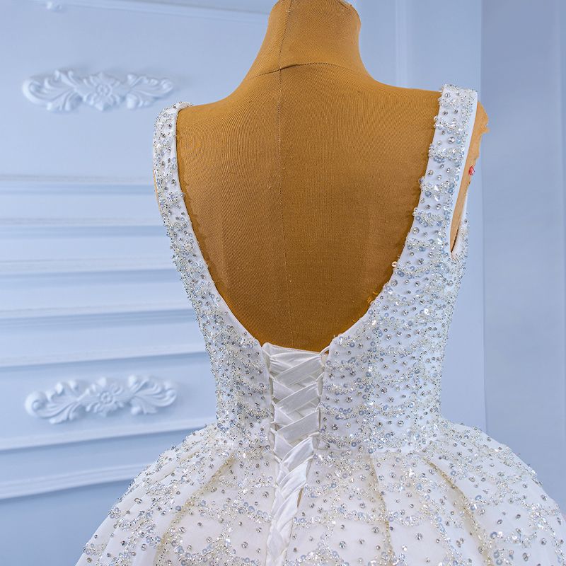 Size 12 Wedding High Neck Sequined White Ball Gown on Queenly