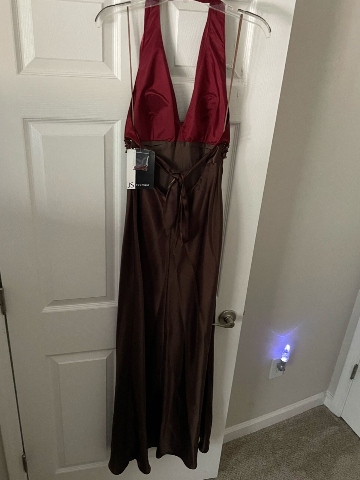 Size 12 Prom Halter Satin Burgundy Multicolor Mermaid Dress on Queenly