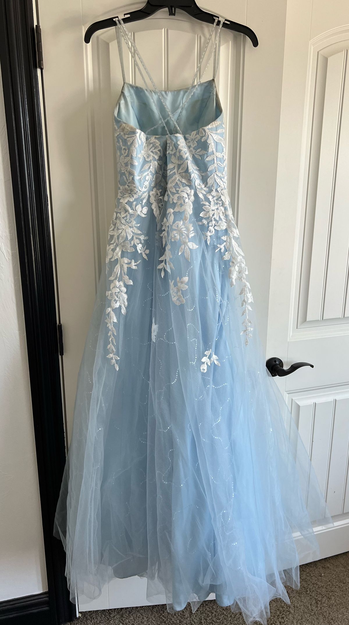 Size 4 Prom Sequined Light Blue A-line Dress on Queenly