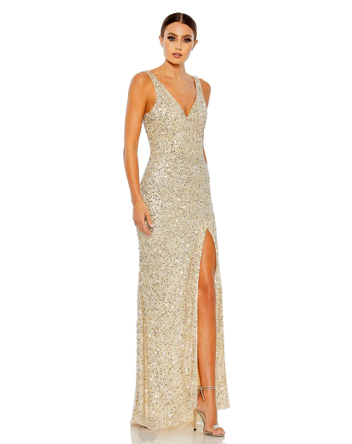 Style 1068 Mac Duggal Size 12 Prom Sequined Gold Floor Length Maxi on Queenly