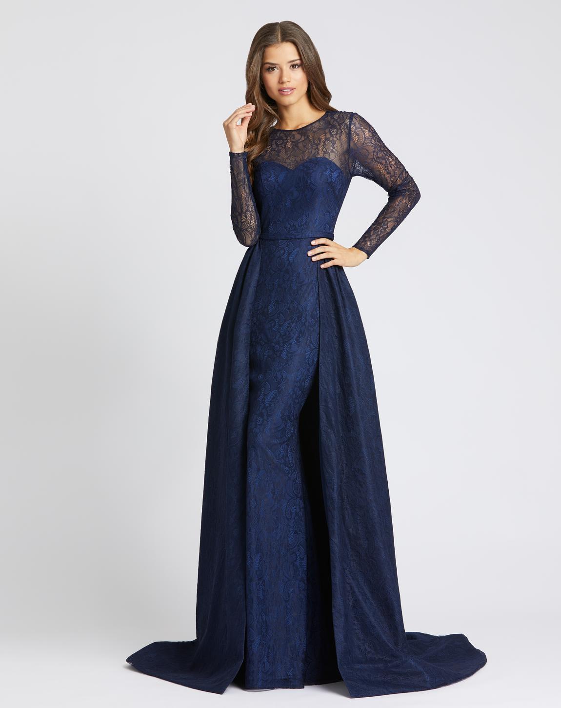 Style 12356 Mac Duggal Size 10 Long Sleeve Lace Blue Dress With Train on Queenly