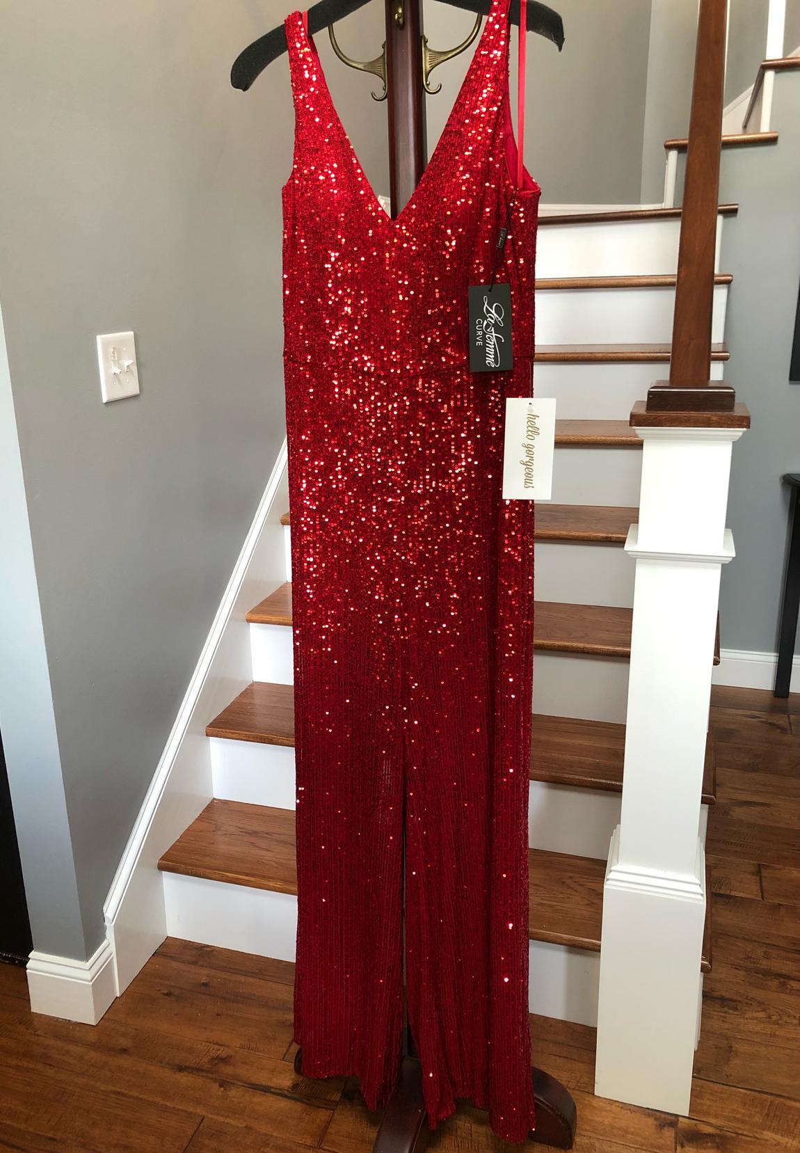 La Femme Size 12 Sequined Red Formal Jumpsuit on Queenly
