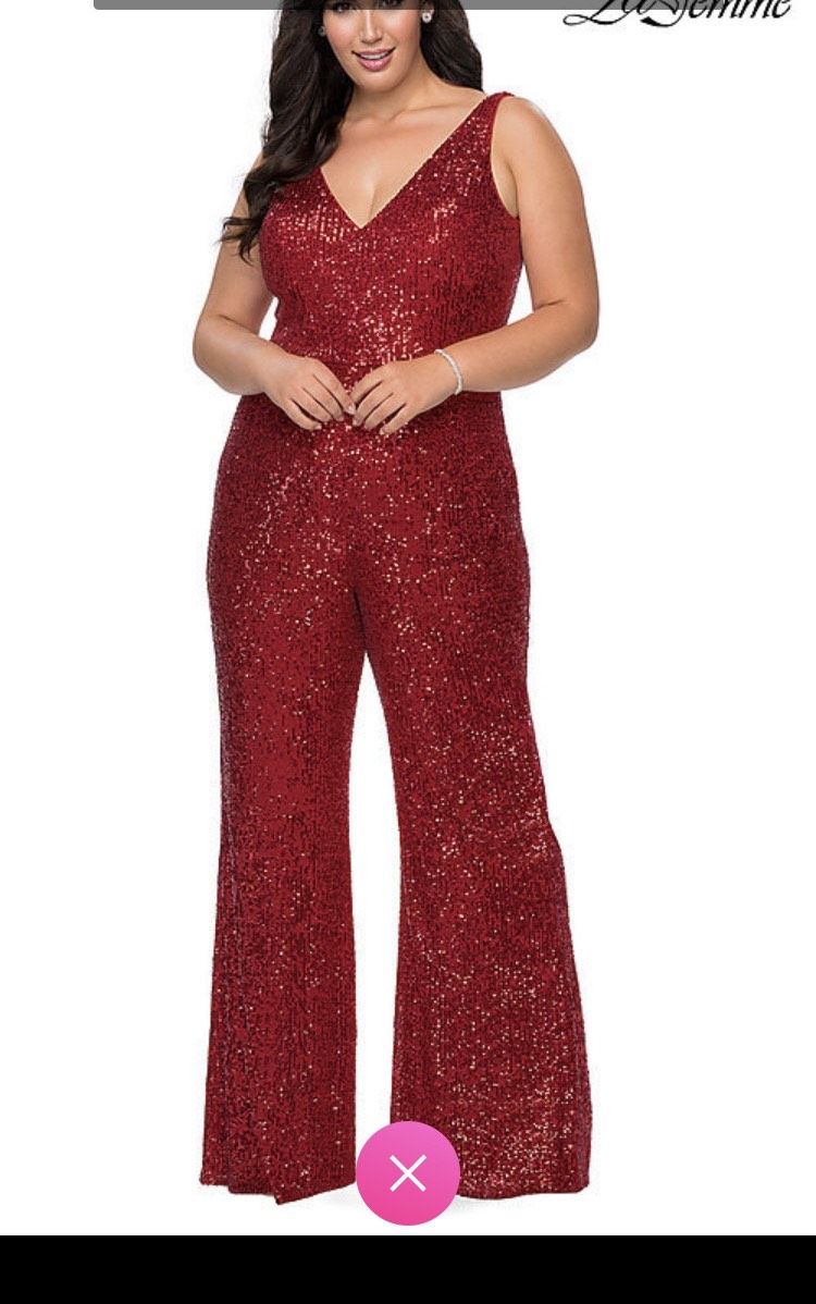 La Femme Size 12 Sequined Red Formal Jumpsuit on Queenly
