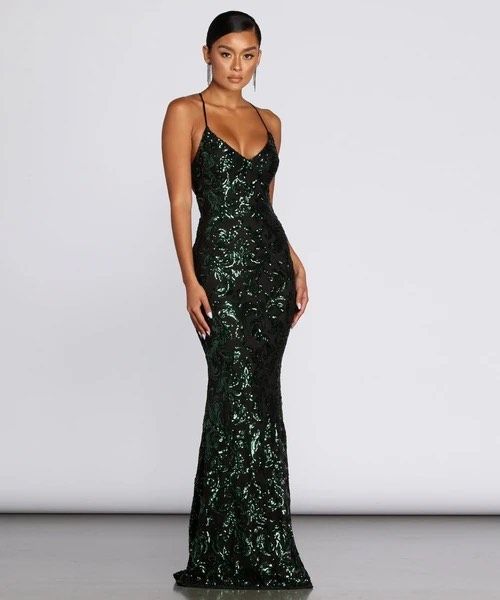 Windsor TAISIA FORMAL SEQUIN SCROLL DRESS Size 0 Prom Emerald Green Mermaid Dress on Queenly