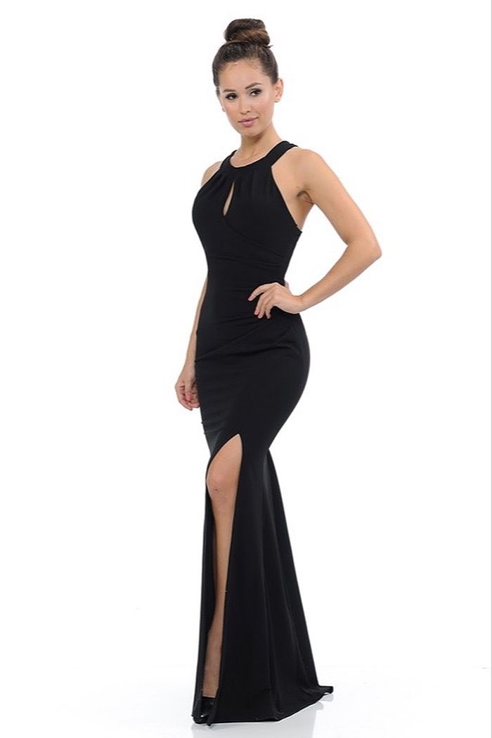 Style 5180 Lenovia Plus Size 18 Halter Black Side Slit Dress on Queenly
