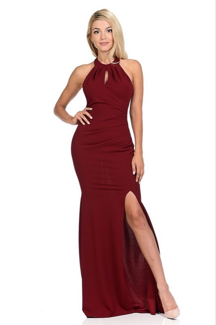 Style 5180 Lenovia Size 10 Halter Burgundy Red Side Slit Dress on Queenly