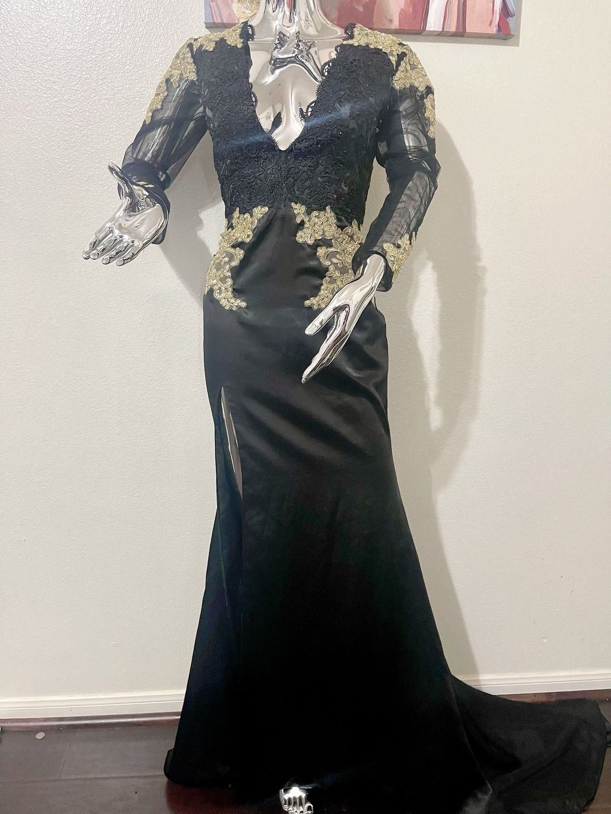 Size 10 Long Sleeve Lace Black Dress With Train on Queenly
