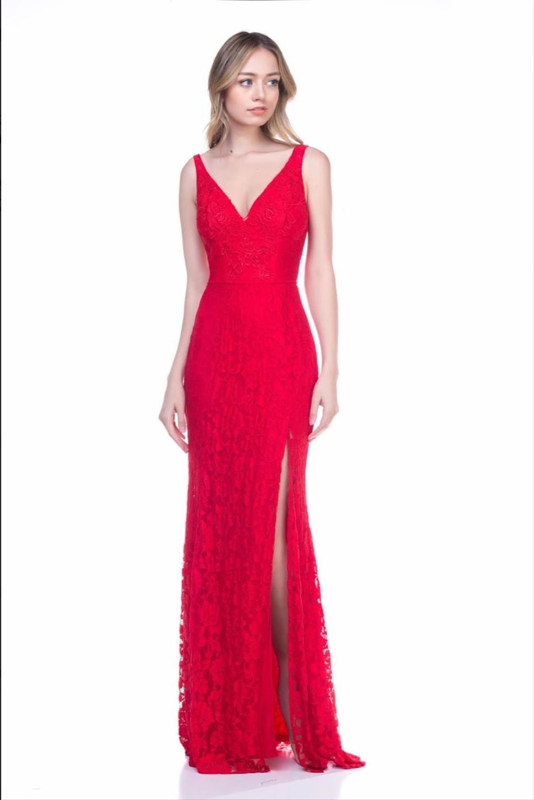 Style m27752 Maniju Size 6 Lace Red Side Slit Dress on Queenly