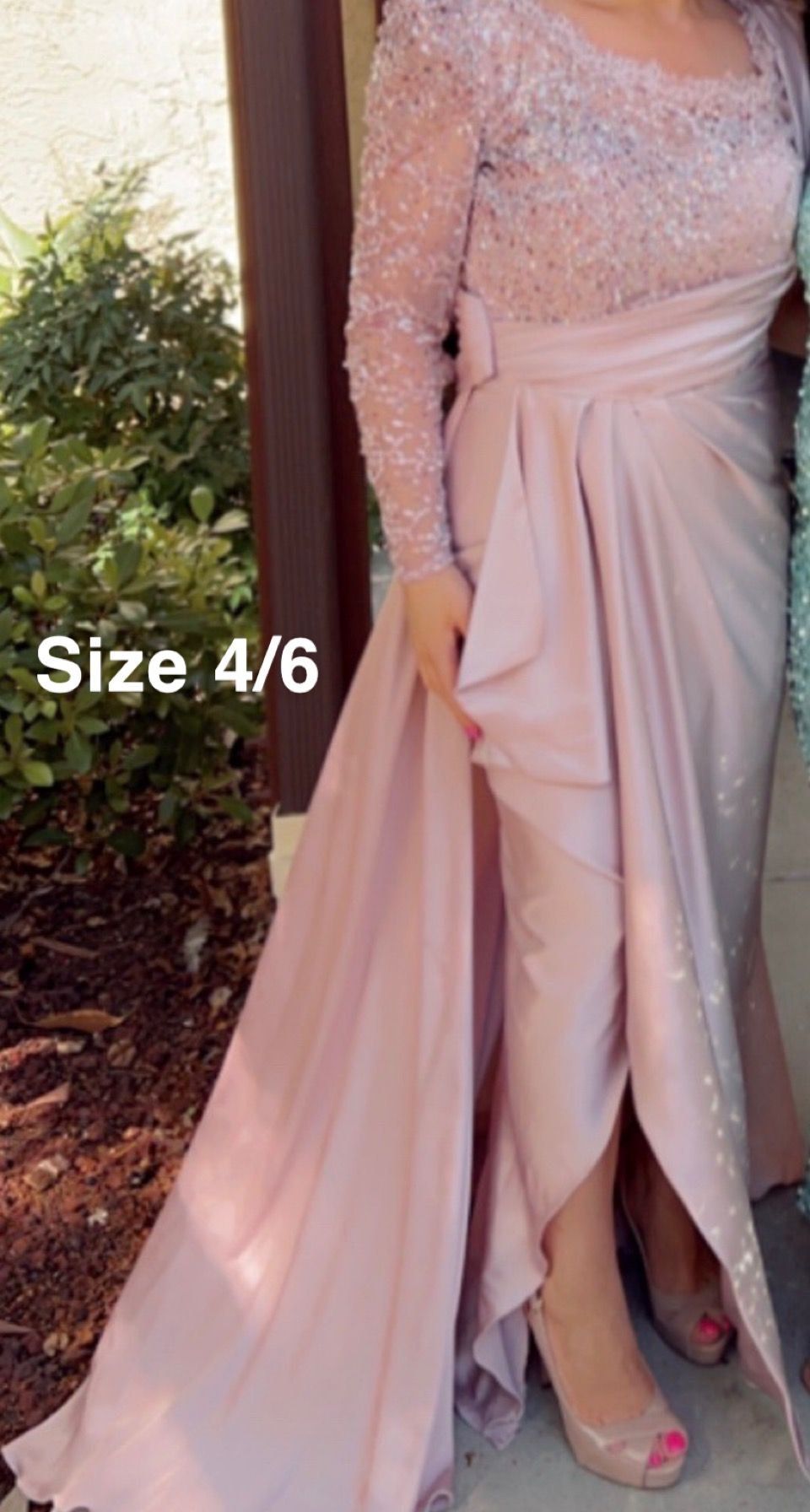 Size 4 Prom Long Sleeve Sequined Light Pink Side Slit Dress on Queenly