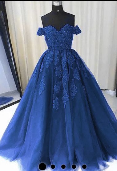 Size 14 Prom Off The Shoulder Blue A-line Dress on Queenly