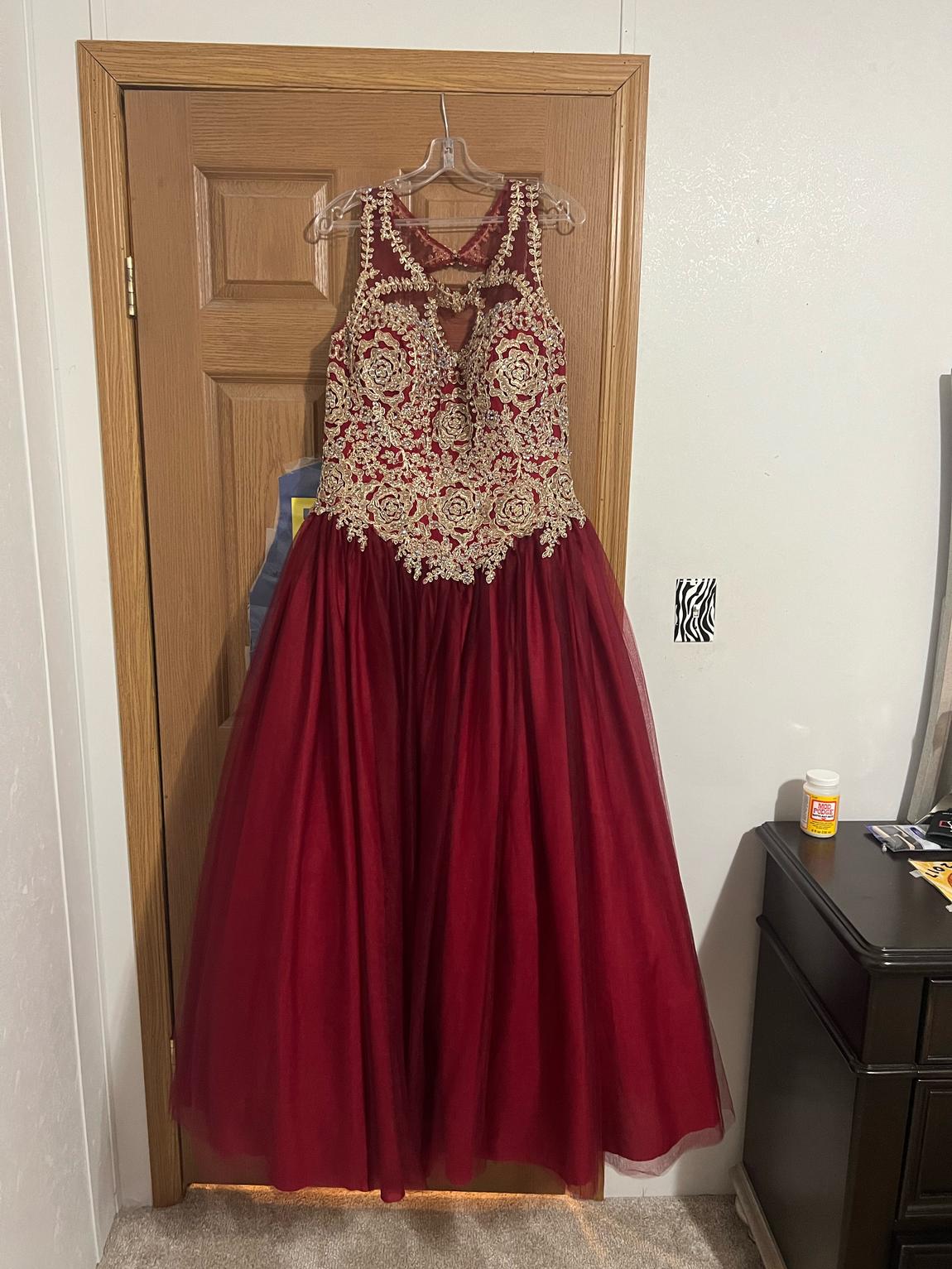 Plus Size 16 Pageant Lace Burgundy Red Ball Gown on Queenly