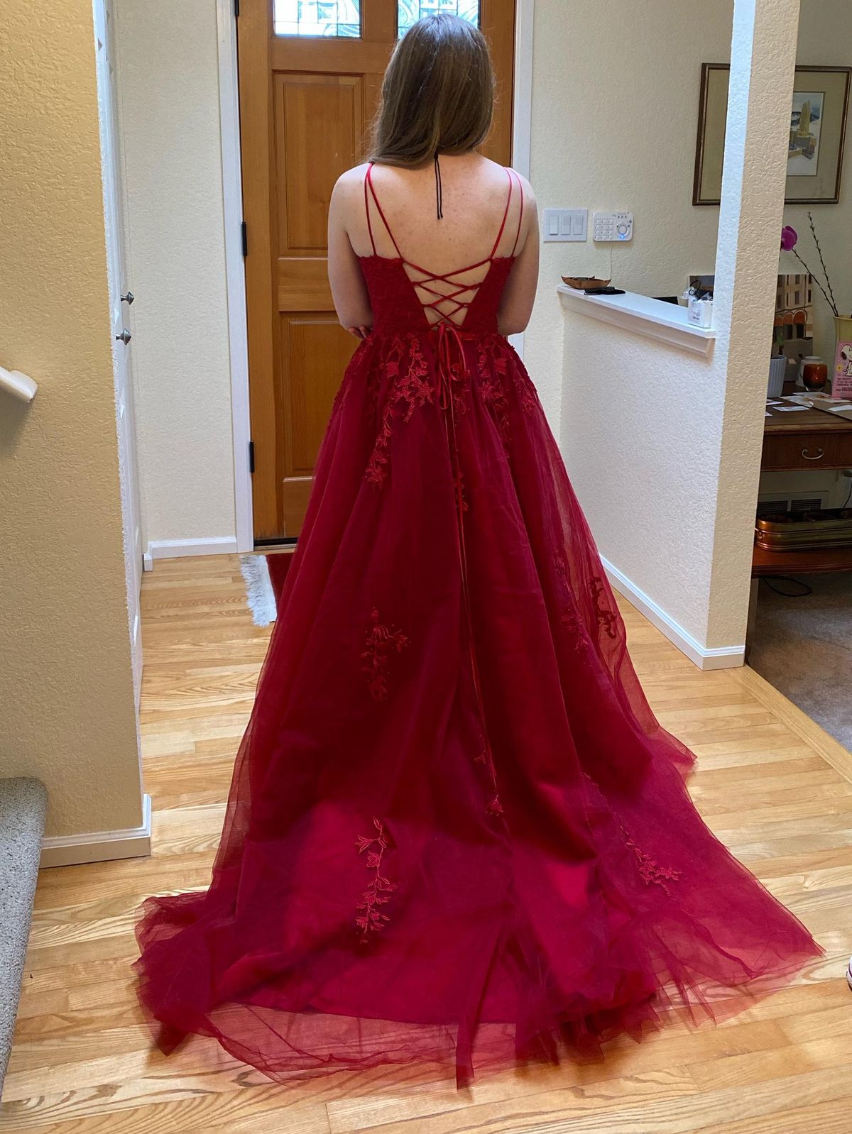 Size 4 Prom Lace Burgundy Red Dress With Train on Queenly