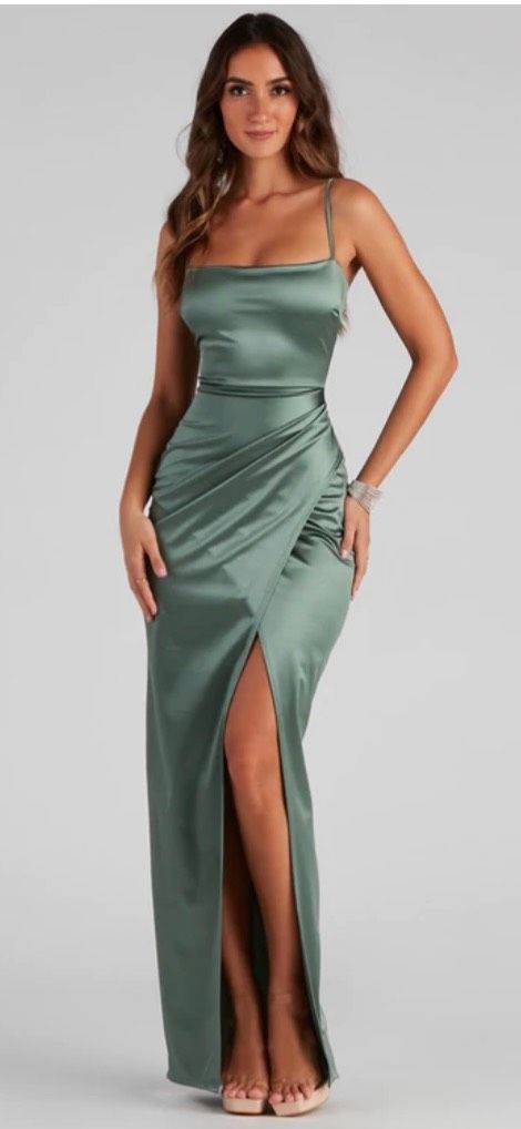 Size 2 Satin Green Floor Length Maxi on Queenly