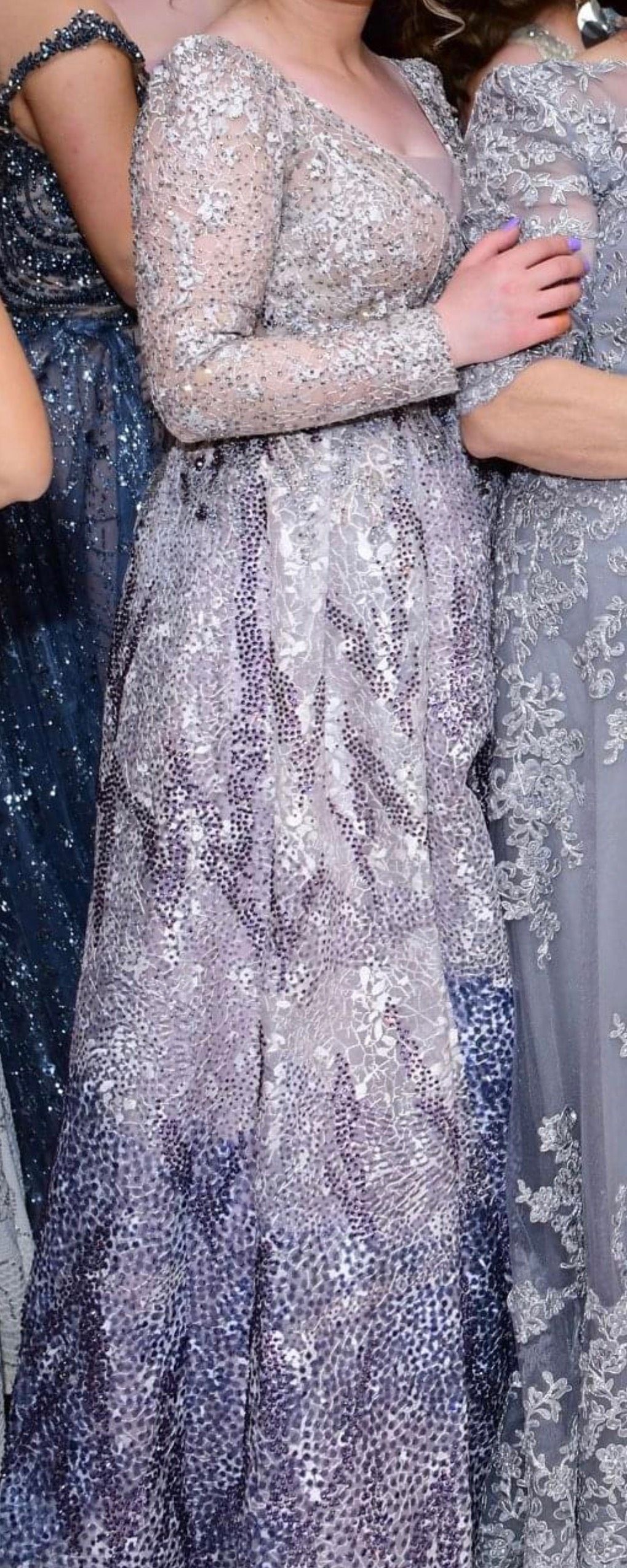 Size 4 Prom Long Sleeve Sequined Light Purple Dress With Train on Queenly