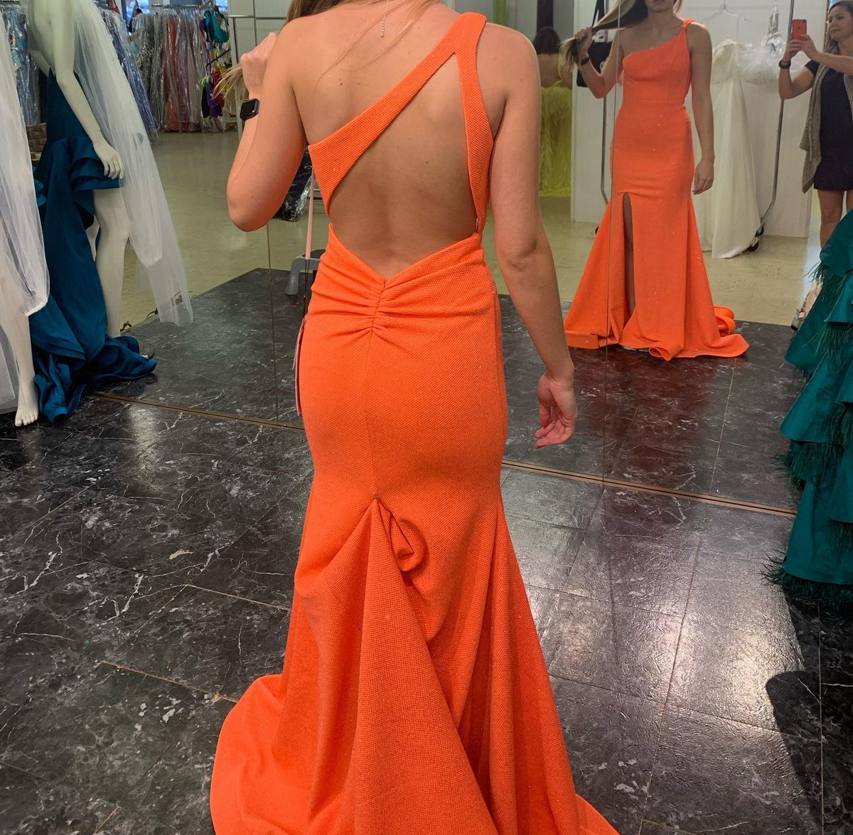 Size 0 Prom One Shoulder Orange Side Slit Dress on Queenly