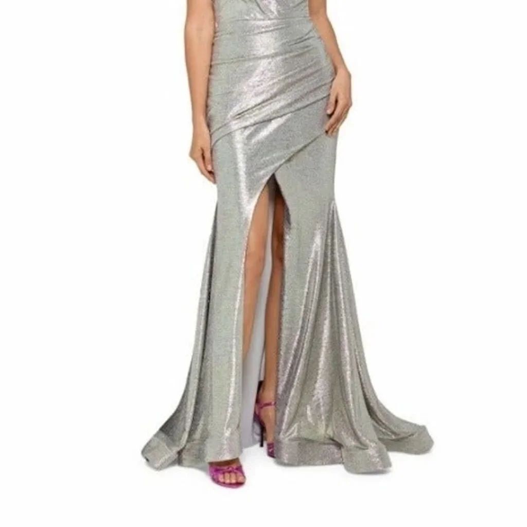 Betsy and Adam Size 10 Satin Silver Side Slit Dress on Queenly